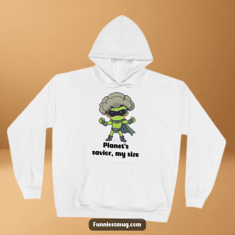 Funny broccoli superhero hoodie, flexing muscles in a proud hero pose, offering warmth and comic relief.