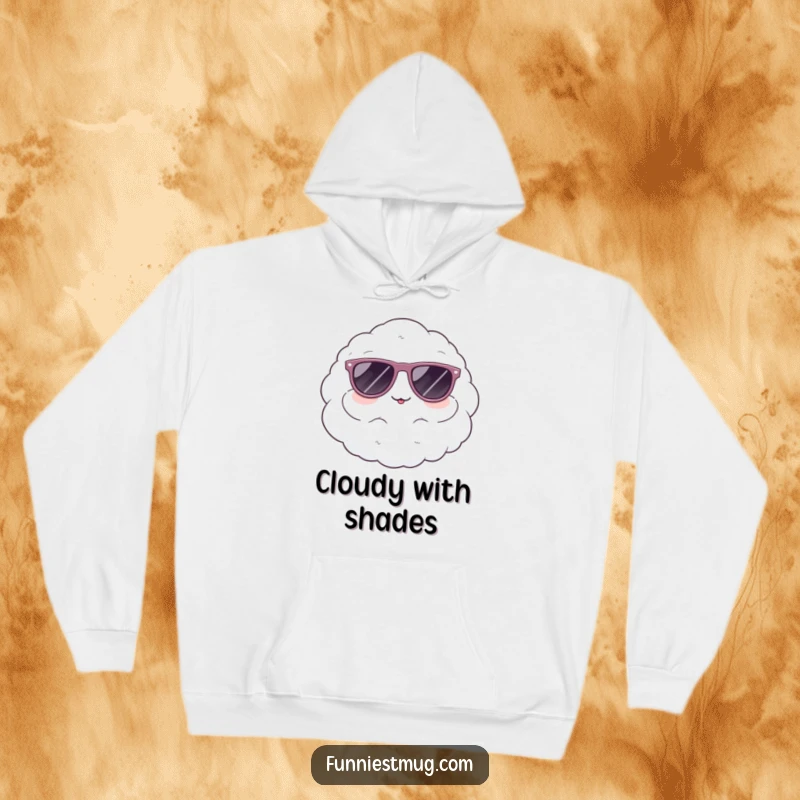 Funny hoodie illustration of a cute, fluffy cloud character comically wearing oversized sunglasses, exuding cool charm.