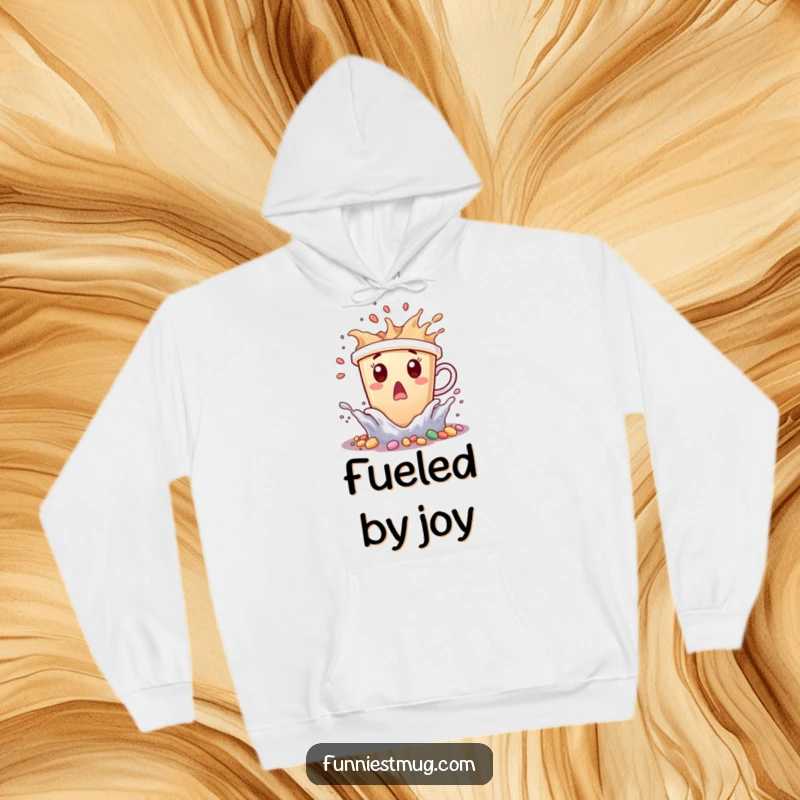 Funny coffee cup character surprised by tiny candy waves splashing, on a hoodie.