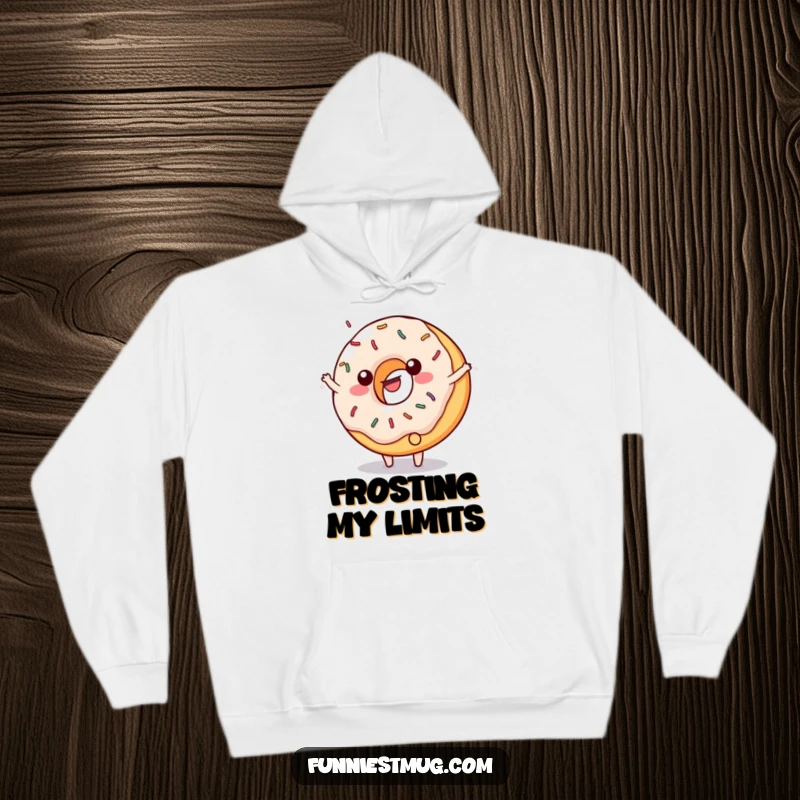 Funny hooded sweatshirt featuring a happy, sprinkled donut character performing a cartwheel with frosting mid-flight.