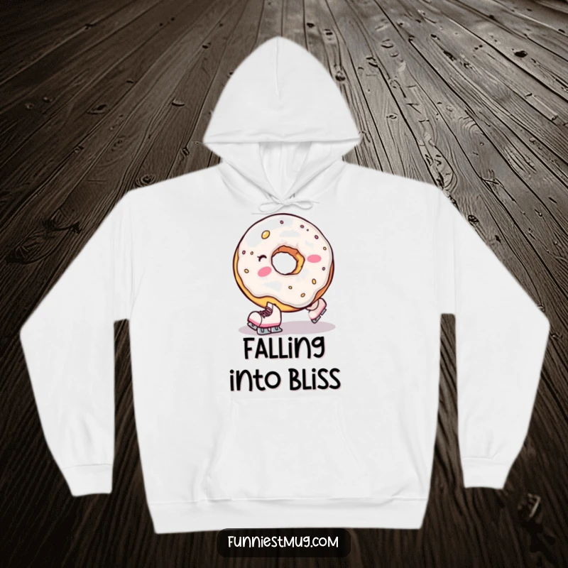 Funny hoodie depicting a clumsy donut hole on tiny skates hilariously falling, offering cozy and sweet humor.