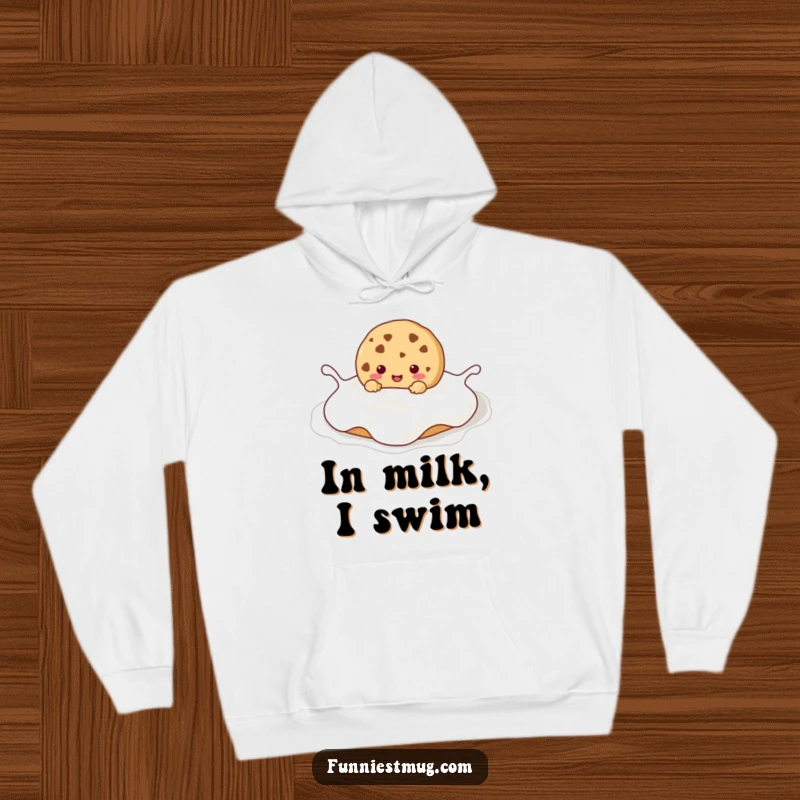 Funny Kawaii cookie character happily submerged in a giant milk puddle, offering a warm and humorous design on a cozy hoodie.