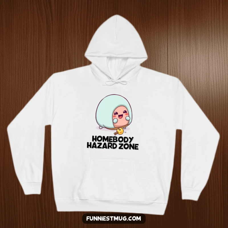 Funny Kawaii house slipper character hilariously tripping over a toy, offering a warm and humorous design on a cozy hoodie.