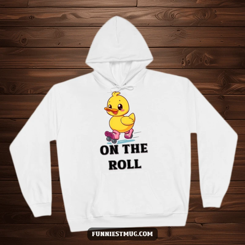 Funny hoodie featuring a gleeful rubber ducky on oversized roller skates, speeding away with pure joy and humor.