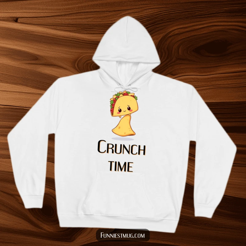Funny Shy Taco Nacho Chip Hoodie: A shy taco balancing on a giant nacho chip, perfect for cozy, funny comfort.