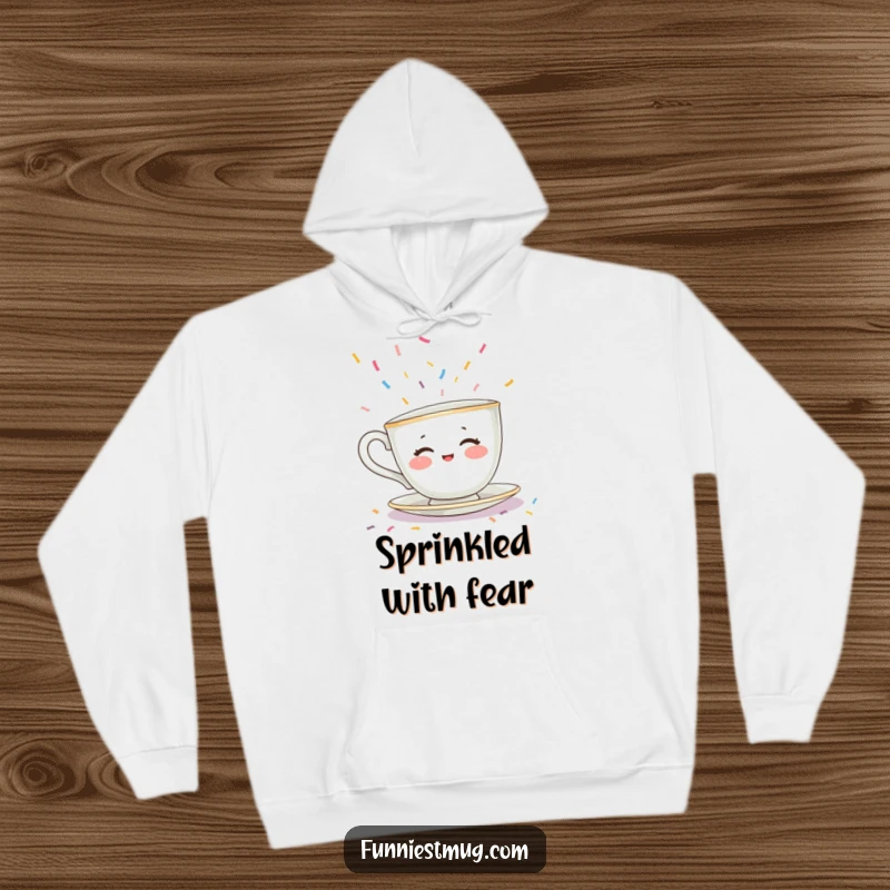 Funny hoodie featuring a shy teacup character with rosy cheeks attempting to escape a deluge of colorful sprinkles. Warm and amusing.
