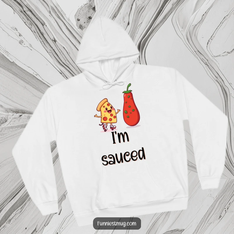 Funny Pizza Roller Skater Hoodie: A smiling pizza character on tiny skates, wobbling towards a pepperoni, perfect for funny gift seekers.