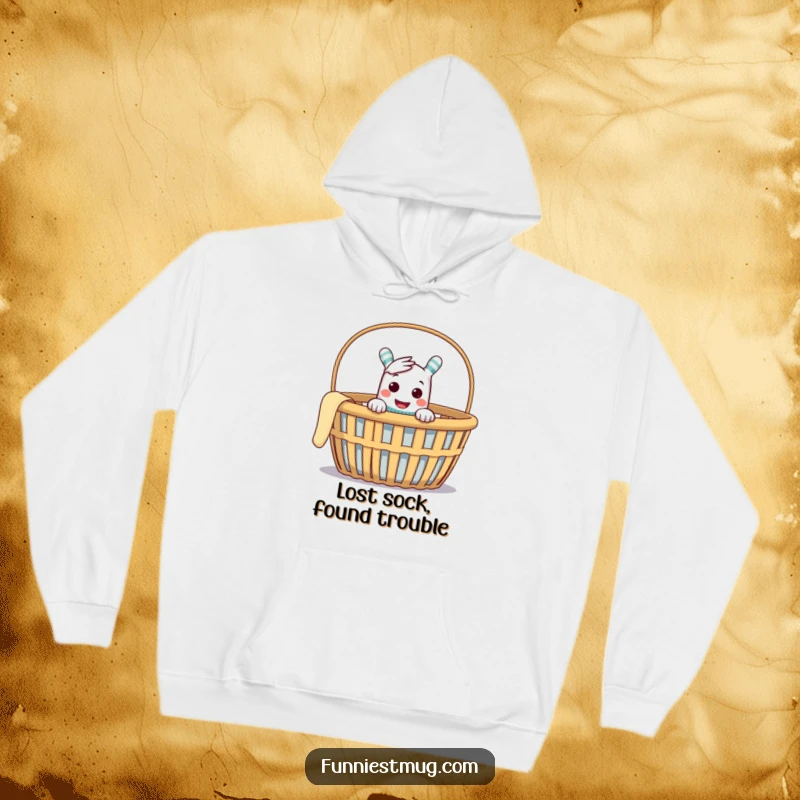 Funny hoodie featuring a cheeky sock puppet peeking out of an empty laundry basket, embodying playful mischief and comfort.