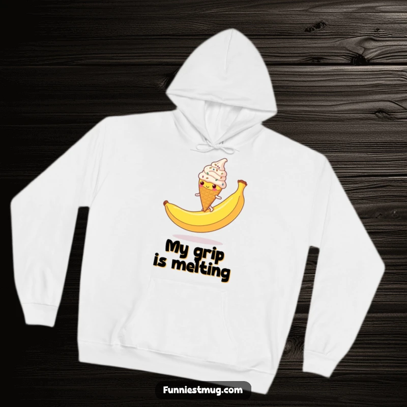Funny Ice Cream Cone Hoodie: A sprinkle-covered character hilariously slipping on a banana peel, a soft and warm funny gift.