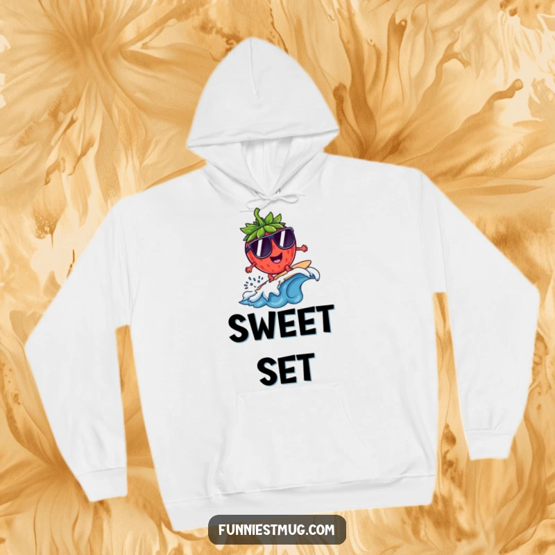 Funny Surfing Strawberry Sunglasses Hoodie: A strawberry surfs wearing big sunglasses, perfect for cozy, funny comfort.