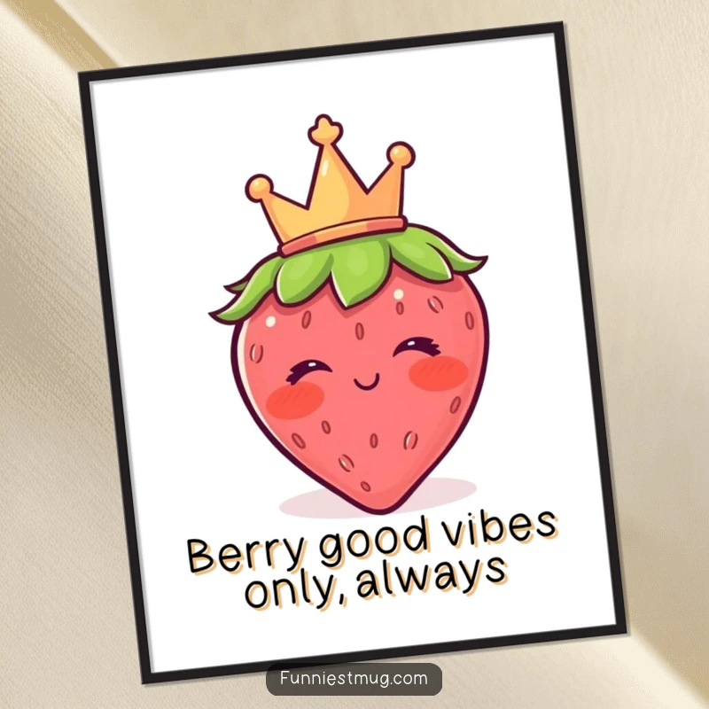 Funny Free Printable Wall Art of a cute strawberry wearing a crown, attempting a playful wink, perfect for a whimsical decor.