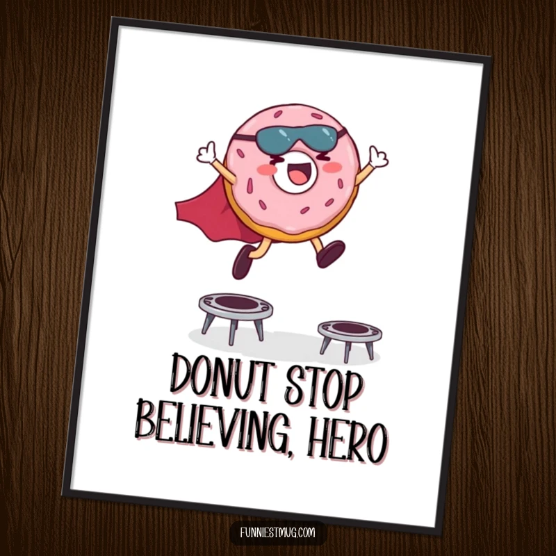 Funny Free Printable Wall Art: Giggling donut in a superhero cape leaps over trampolines, adding fun decor.