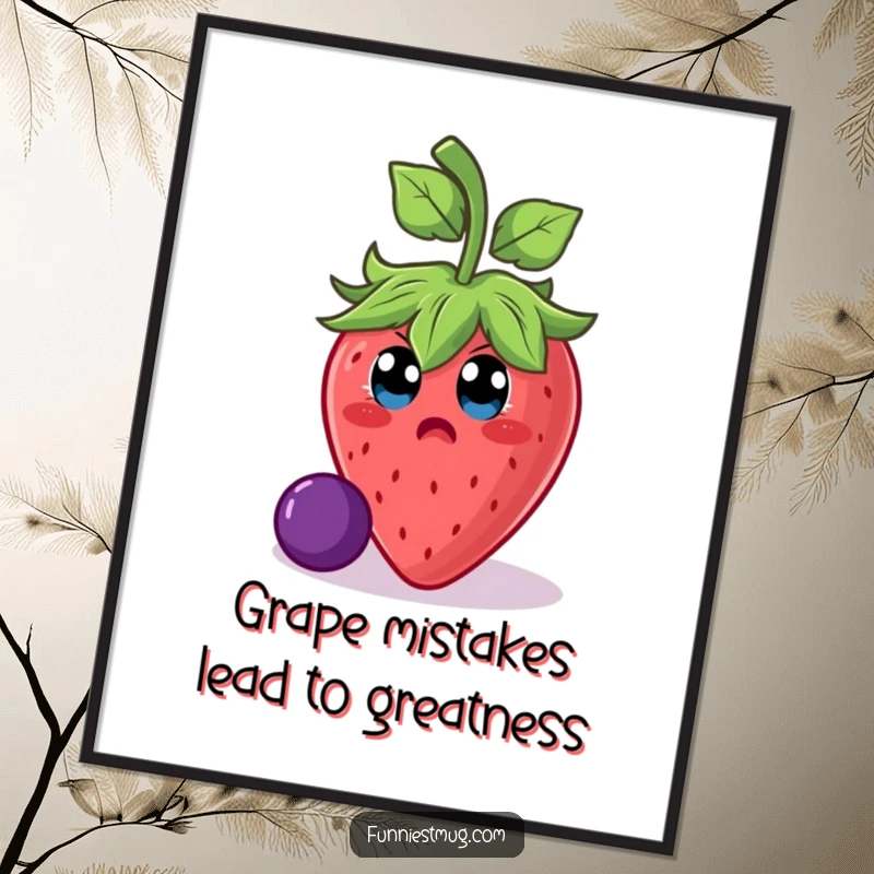 Funny Free Printable Wall Art of a surprised strawberry character taking a tumble on a slick grape, a delightful piece of downloadable humor.
