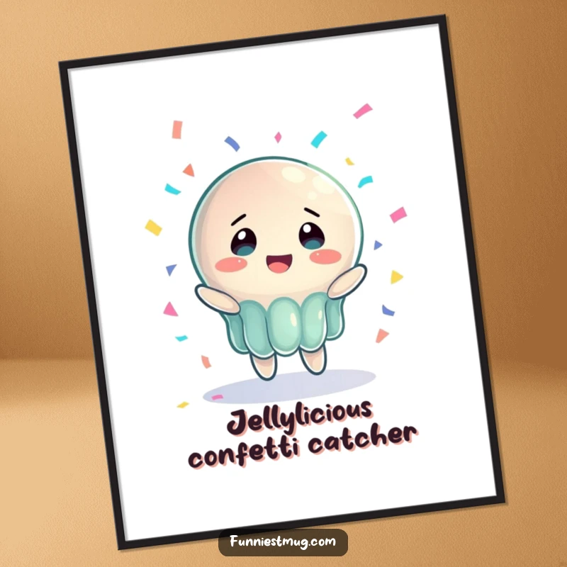 Funny Free Printable jelly wall art, a wobbly character in bewildered joy catching confetti, whimsical decor.