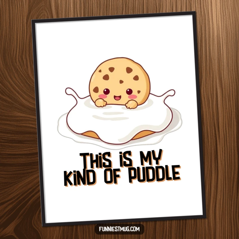 Funny Free Printable Kawaii cookie character happily submerged in a massive milk puddle, whimsical and charming wall art.