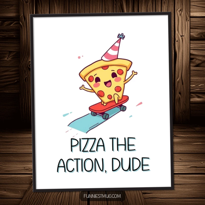 Funny Free Printable pizza wall art, a cheerful pizza slice in a party hat skateboarding down a sauce slide.