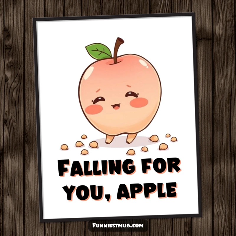 Funny Free Printable Wall Art: Shy, blushing apple character tripping and scattering seeds. Whimsical and humorous printable decor.