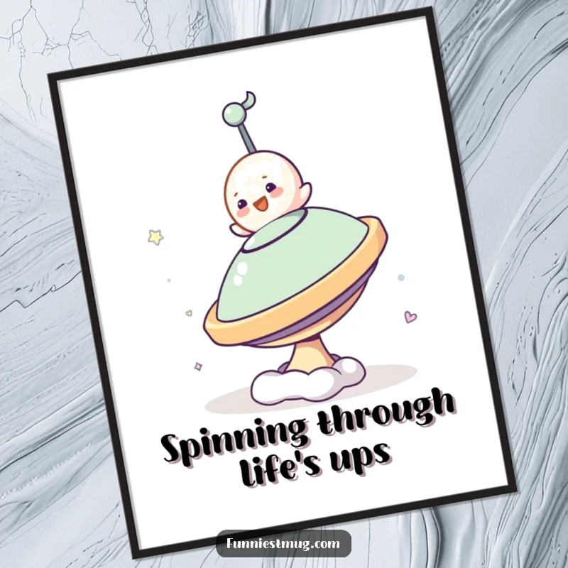 Funny Free Printable Wall Art capturing a small blob character's hilarious attempt to master riding a giant spinning top.