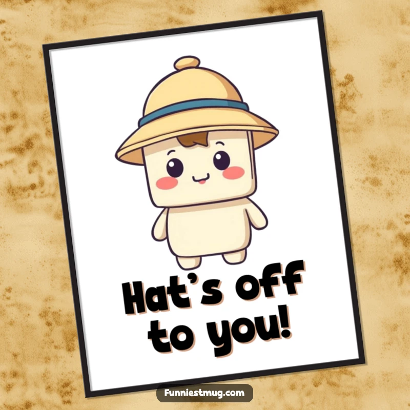 Funny Free Printable Wall Art of a happy blocky character comically overwhelmed by a giant hat that covers its entire face.