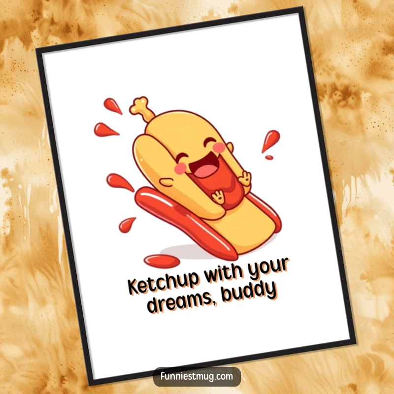Funny Free Printable Wall Art depicting a hot dog in a bun gleefully sliding down a ketchup slide, creating a humorous scene.