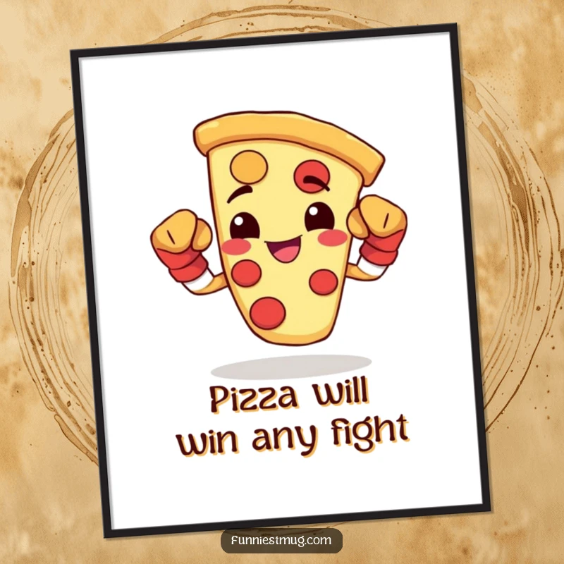 Funny Free Printable Wall Art of a happy pizza slice flexing its tiny boxing gloves, bringing a cool, confident vibe.