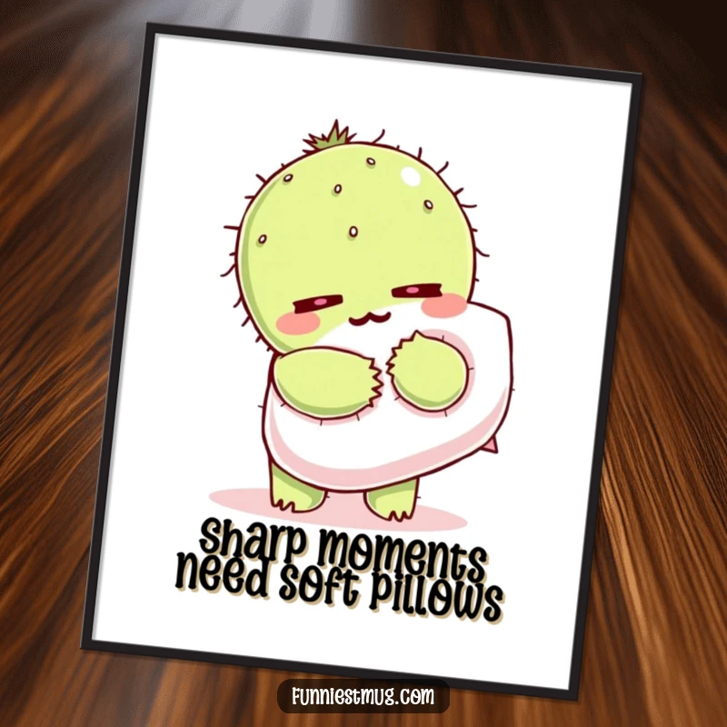Funny free printable wall art: Kawaii cactus wincing as it tries to hug a fluffy pillow, a humorous, relatable scene.