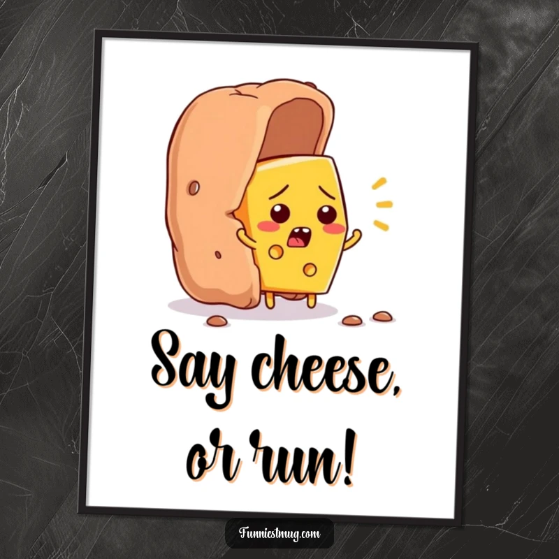 Funny Free Printable Wall Art: Flustered cheese character dramatically flees a giant cracker, a humorous escape.