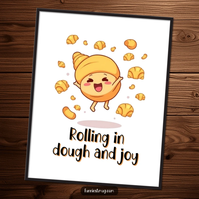 Funny Free Printable Wall Art: A laughing croissant doing a cartwheel amidst flying pastries, perfect for quirky home decor.