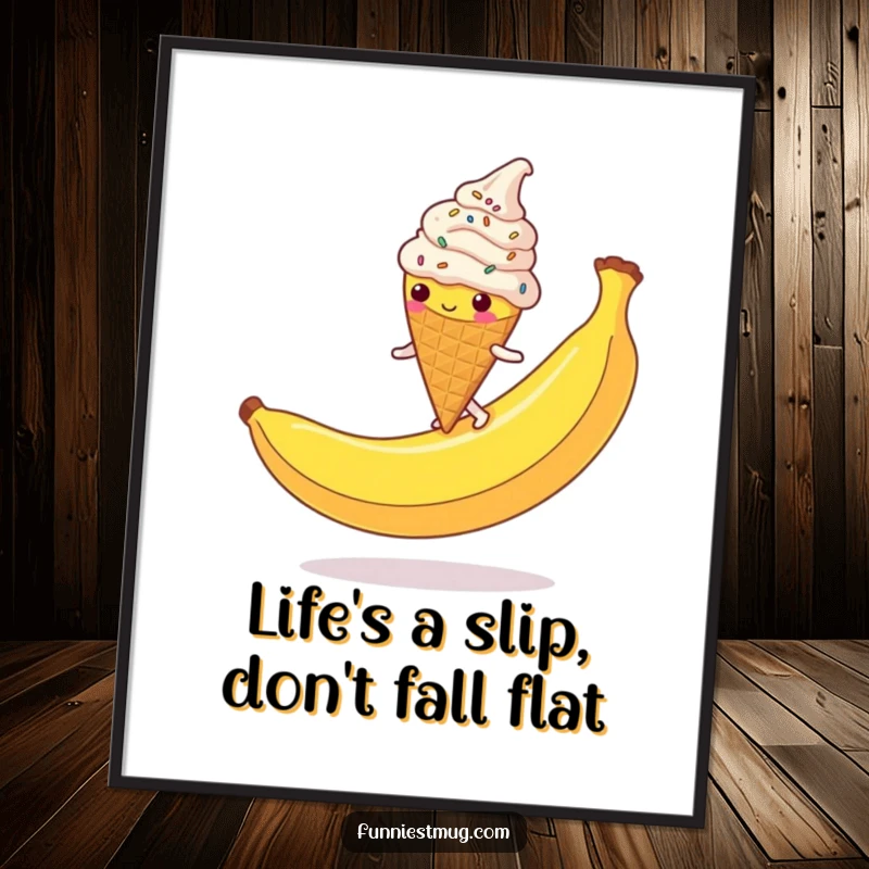 Funny Free Printable Wall Art: Clumsy ice cream cone covered in sprinkles slips on a giant banana peel.