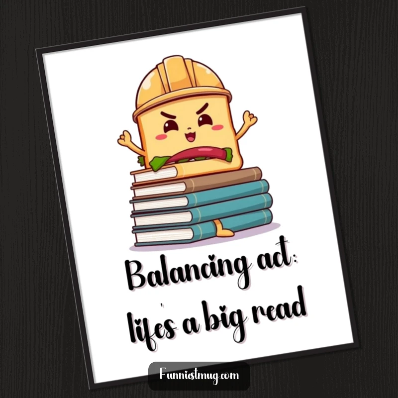 Funny Free Printable Wall Art: Determined sandwich in a hard hat balances a huge stack of wobbly books.