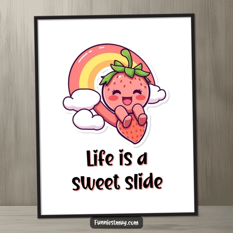 Funny Free Printable Wall Art: Smiling Strawberry character dramatically sliding down a vibrant rainbow.