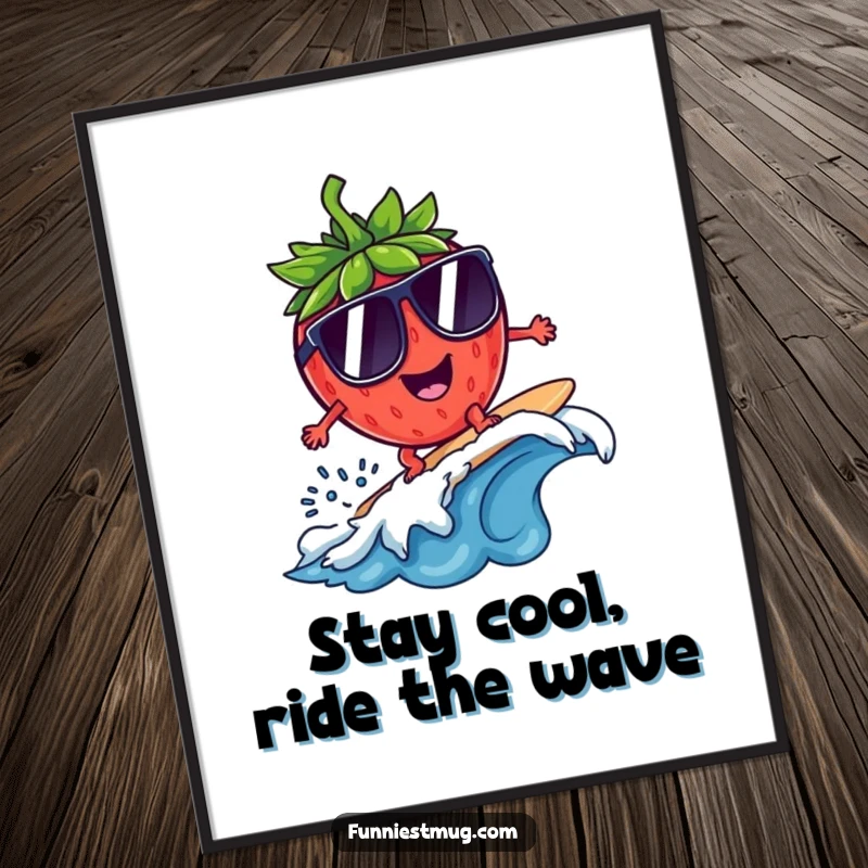 Free Printable Wall Art: Mischievous strawberry character wearing oversized sunglasses attempting to surf a tiny wave.