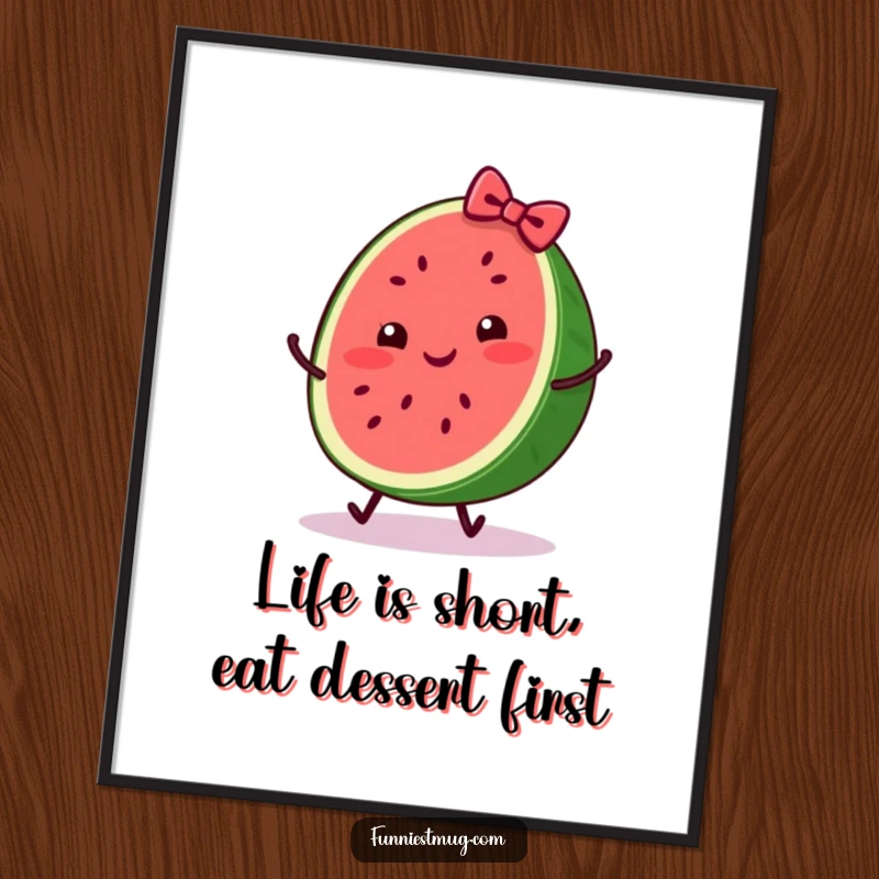 Funny free printable wall art: a cheerful watermelon slice wearing a bow comically trips, a vibrant downloadable.