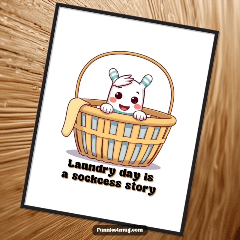 Funny Free Printable Wall Art: A cheeky sock puppet peeking out of an empty laundry basket, full of playful mischief.