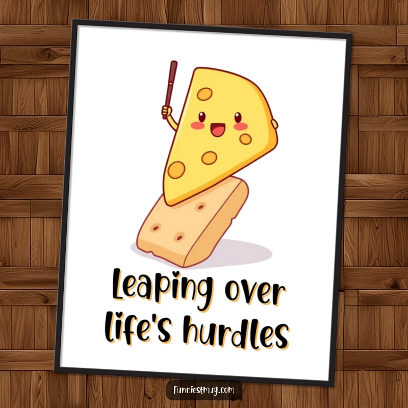 Funny Free Printable Wall Art: A determined cheese wedge pole vaulting over a giant cracker, a humorous artwork.