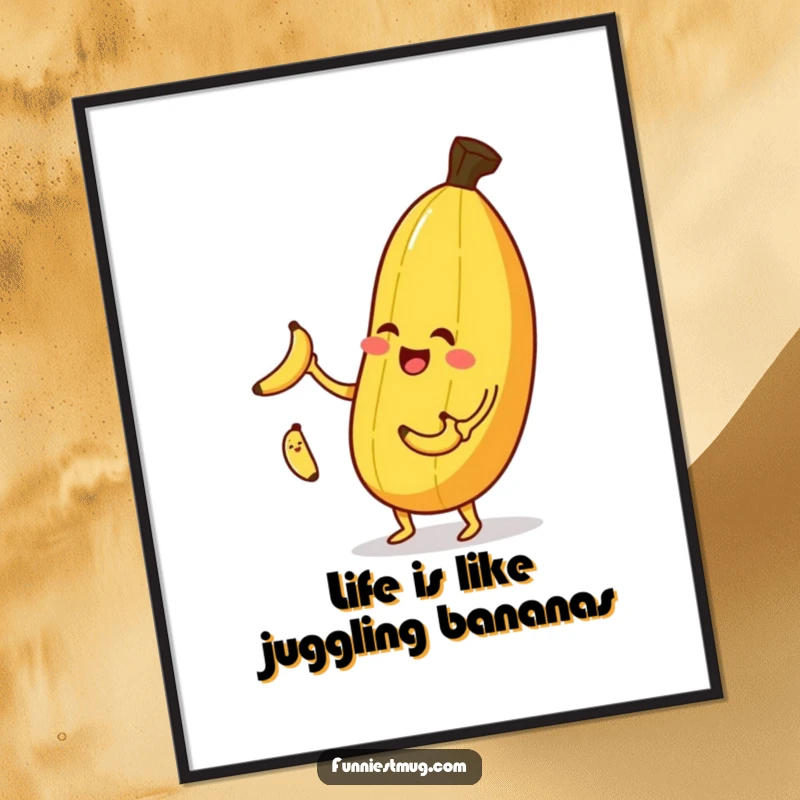 Funny Free Printable Wall Art: A joyful banana juggling three mini bananas with a mischievous wink, radiating cheerful and fruity energy.
