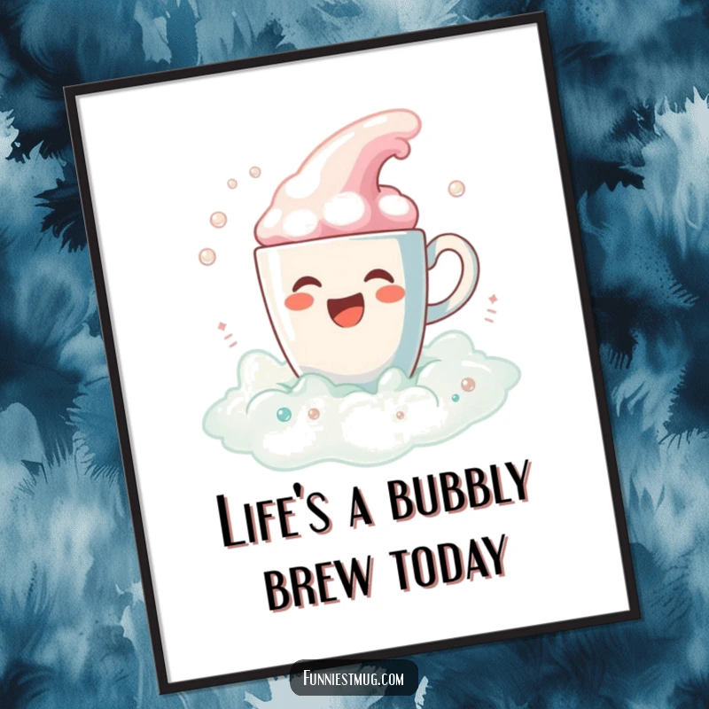 Free Printable Wall Art: Gleeful coffee cup character joyfully spilling a bubbly, colorful foam bath.