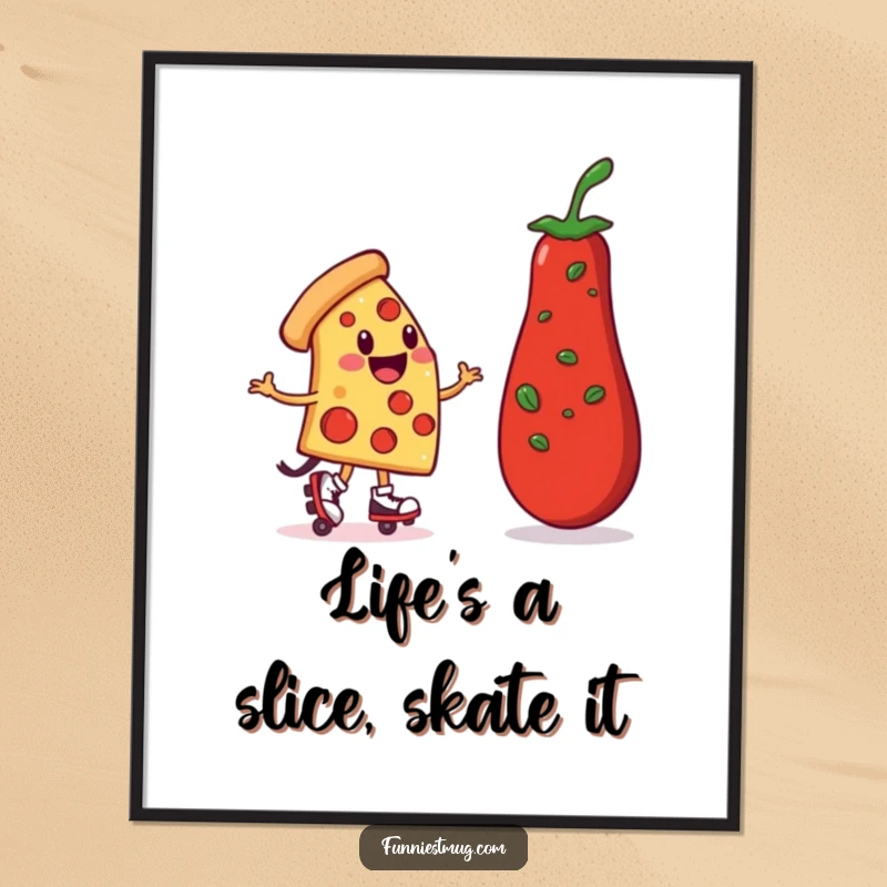 Free Printable Wall Art: Smiling pizza slice character wearing roller skates, wobbling toward a large pepperoni.