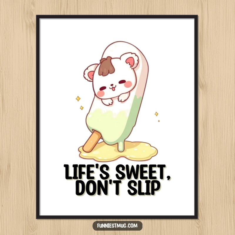 Funny Free Printable Wall Art depicting a cute animal awkwardly slipping on a massive, melting chocolate bar.