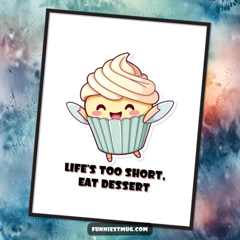 Funny free printable wall art of a cheerful cupcake character with oversized frosting, attempting to fly, adding whimsy to your room.