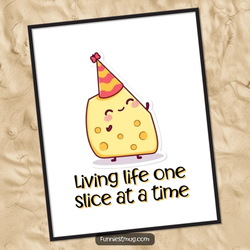 Funny Free Printable Wall Art: Jovial cheese wedge perfectly balanced with a miniature party hat on its head.