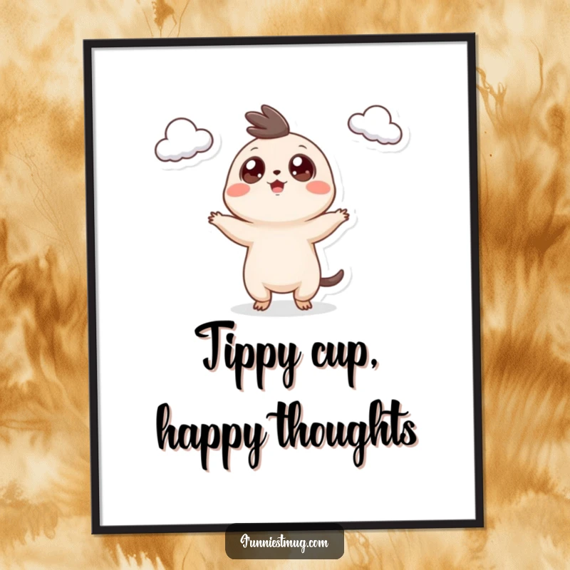 Funny Free Printable Wall Art of a crazy googly-eyed creature enthusiastically juggling teacups.