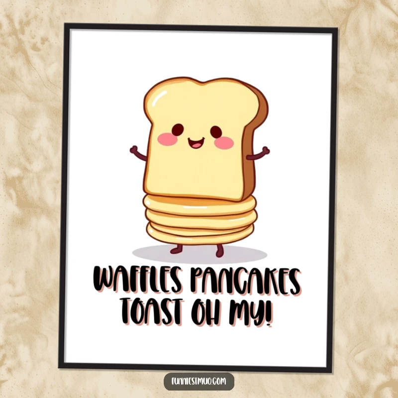 Funny free printable wall art depicting a smug slice of toast balancing a precarious stack of pancakes.