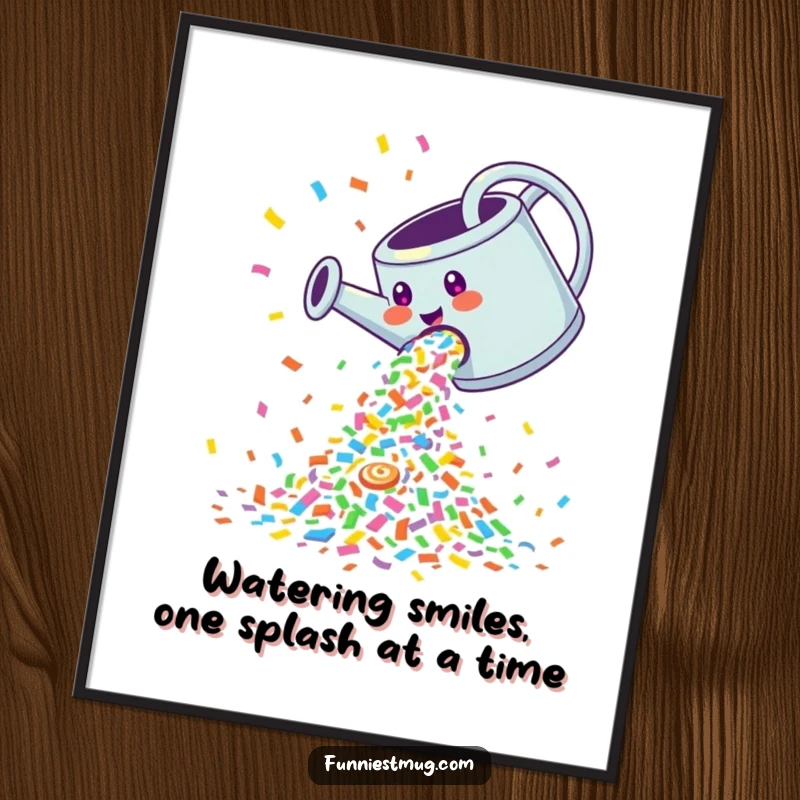 Funny Free Printable Wall Art: Giddy watering can joyfully pouring a spectacular, colorful waterfall of confetti.