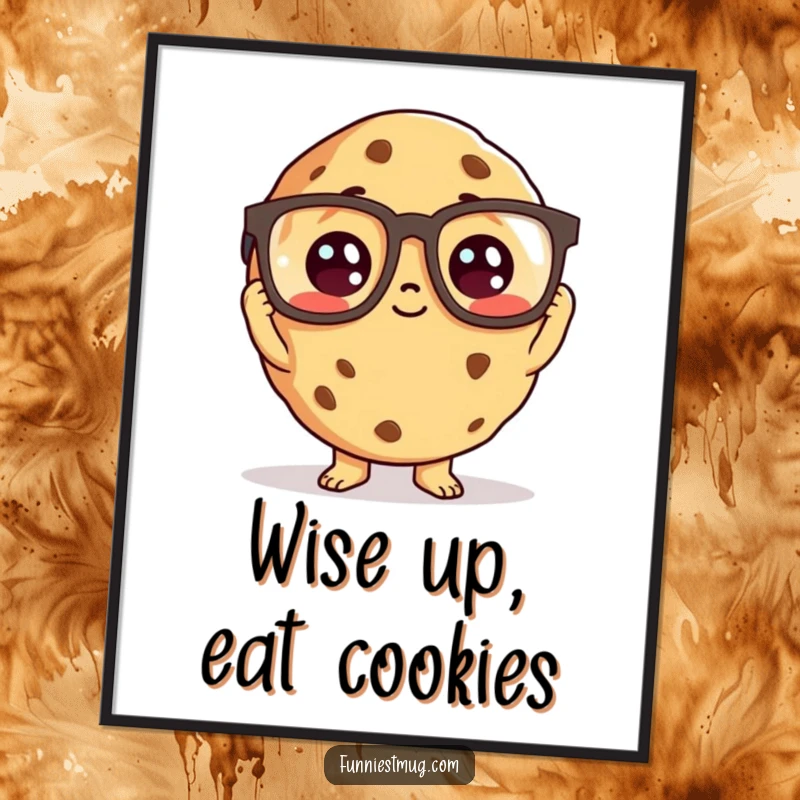 Funny Free Printable Wall Art of a curious cookie trying on large reading glasses, a witty downloadable decor.