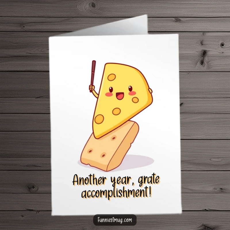 Funny Free Printable Birthday Card: Determined cheese wedge pole vaulting over a giant cracker, a hilarious challenge for a downloadable gift.