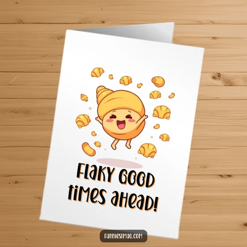 Funny Free Printable Birthday Card featuring a giggling croissant doing a cartwheel with butter croissants flying, a hilarious DIY gift.