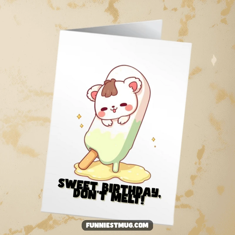 Funny Free Printable Birthday Card showing a cute animal character comically slipping on a massive, gooey chocolate bar.