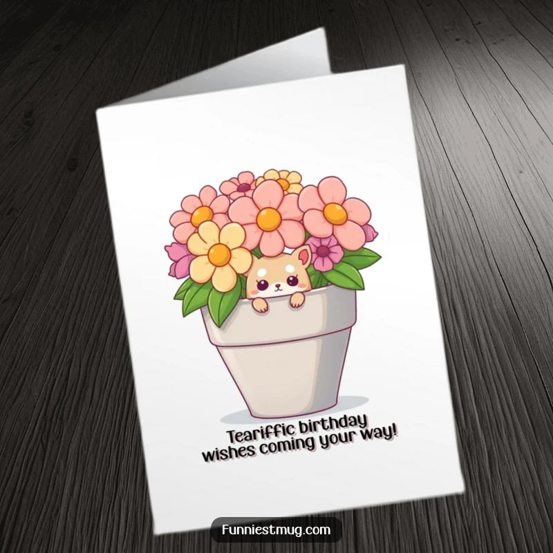 Funny Free Printable Birthday Card: Small creature with big eyes peeking from an oversized teacup, making a charming mess.