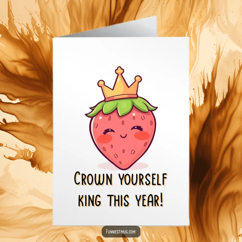 Funny Free Printable Birthday Card of a blushing strawberry wearing a crown, winking playfully, ready to send birthday wishes.